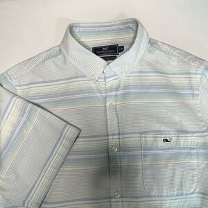 Vineyard Vines Men's Shirt  Sz M Blue/Green Striped Short Sleeve Button Up